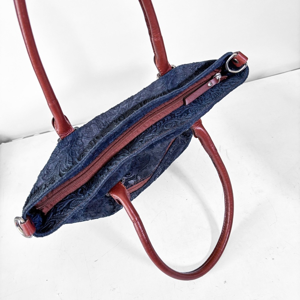 Borse in Pelle Navy Floral Embossed Suede Leather Tote Bag Made in Italy - Picture 6 of 12